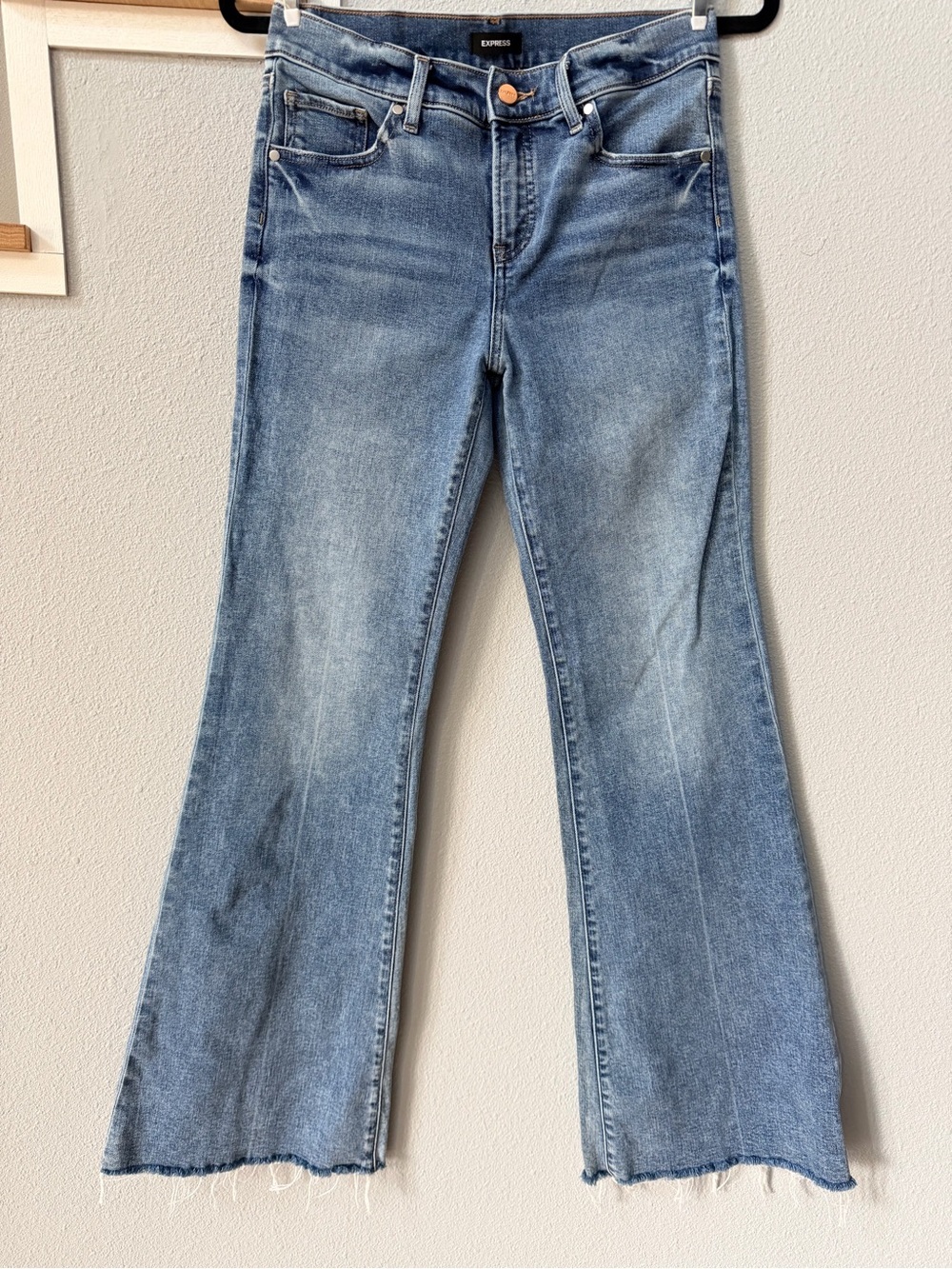 Express Mid Rise 70s Flare Jeans Blue Raw Hem 2R